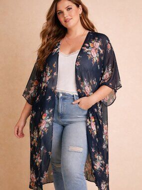 Torrid Floral Kimono Duster Plus Size 3/4 Navy Boho Sheer Long Open Front Layer